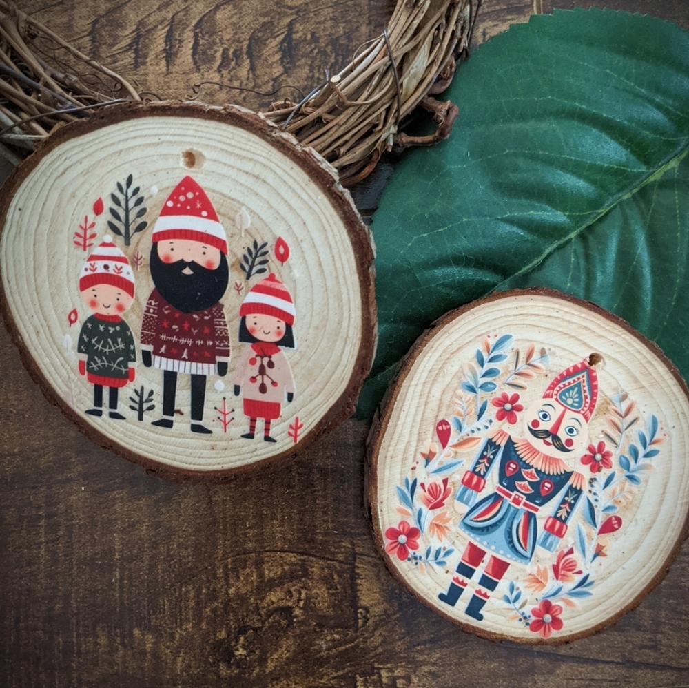 Folk holiday ornaments (4) - handmade wood slice decoration Christmas/Yule